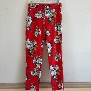 F&F Womens Red Floral Slim Leg Trousers Pants Size US 4 UK 8 Botanical Print